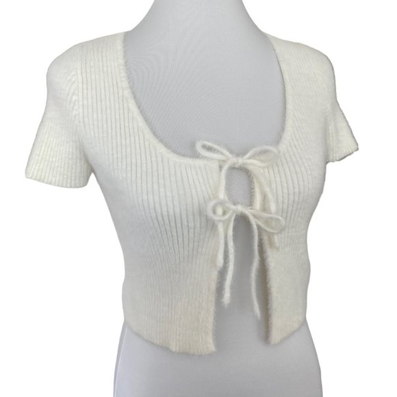 Princess Polly Sweaters - Princess Polly Light Cream Esha Tie Cardigan Fuzzy Crop Top S/M Small Medium